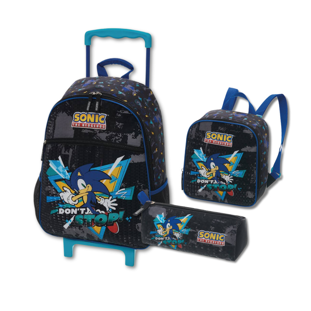 Kit Escolar Mochila Rodinhas Lancheira Costas e Estojo Sonic Dont Stop