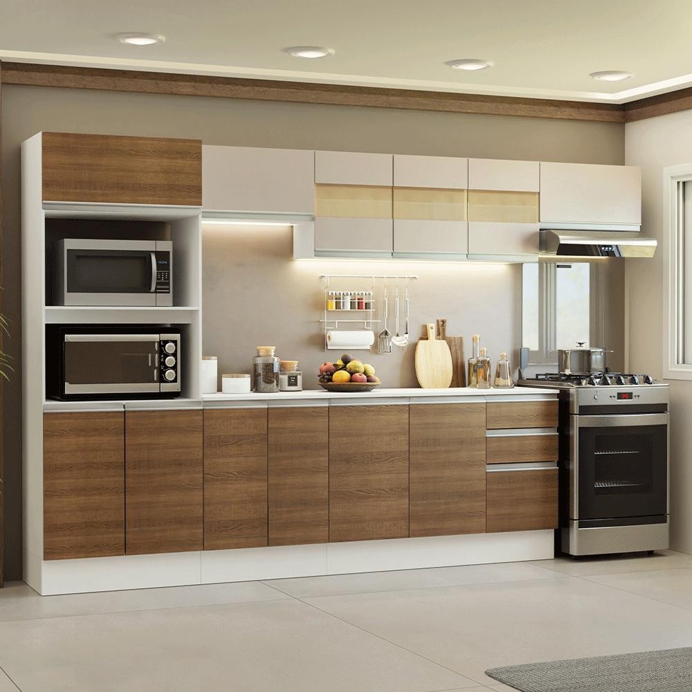 Armário de Cozinha Completa 100% MDF 310 cm Branco/Rustic/Crema Smart 02 em Oferta na Shopee