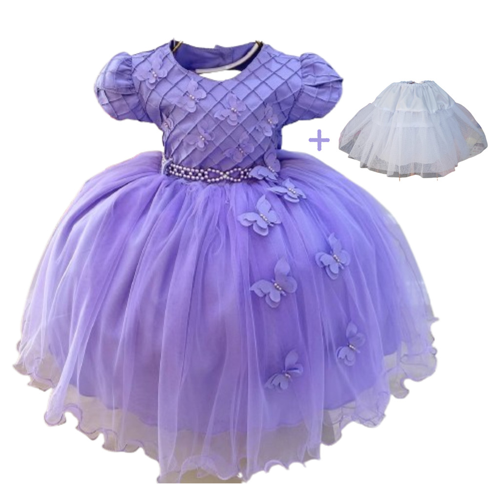 Vestido Festa Infantil Lilás com Borboletas Aplicadas no Busto Jardim das Flores Jardim Encantado Acompanha Saiote 2621