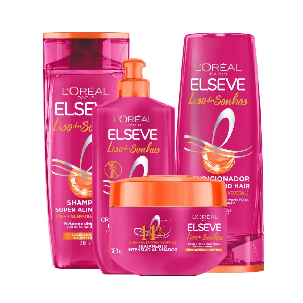 Kit Elseve Liso Dos Sonhos AHA + Queratina Vegetal Shampoo 200ml + Cond 200ml + Pentear + Creme Trat (4 produtos) - Beauty