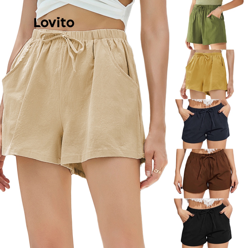 Lovito Shorts Casual Soltinho com Elástico na Cintura L02062 (Verde/Caqui/Preto/Amarelo)
