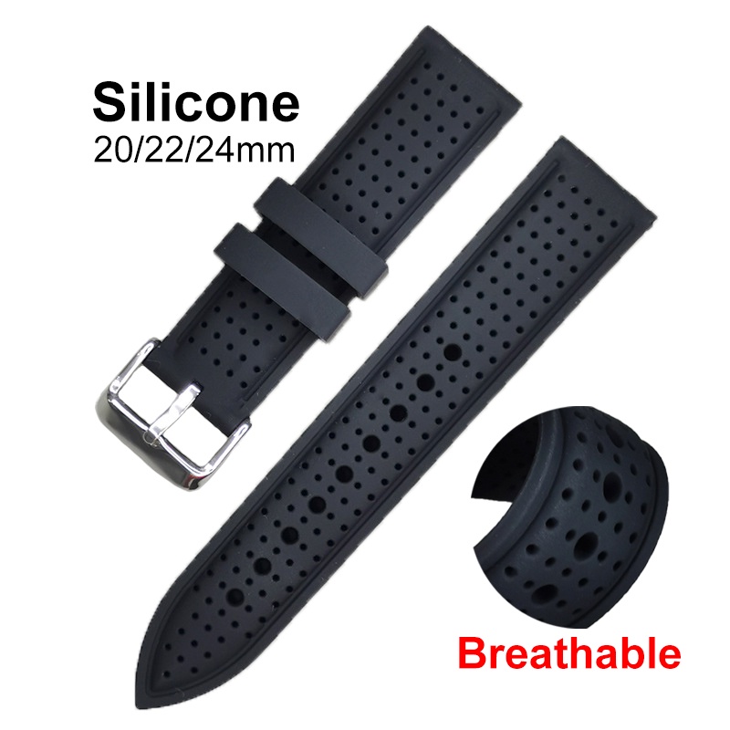 Pulseira Esportiva De Borracha De Silicone De Relógio 20mm 22mm 24mm Macia Respirável Para Mulheres Homens Exterior Preta