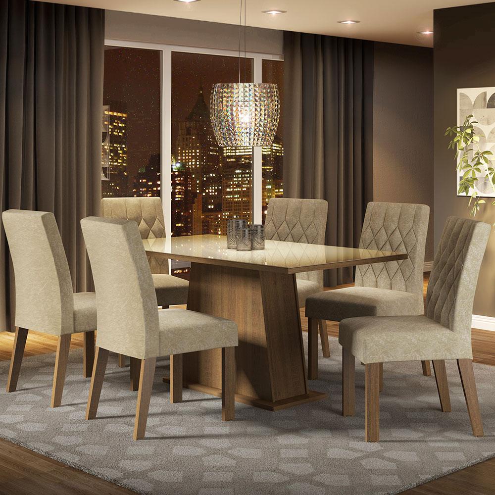 Conjunto Sala de Jantar Mesa Tampo de Vidro 6 Cadeiras Rustic/Crema/Imperial Stéfani Mades...