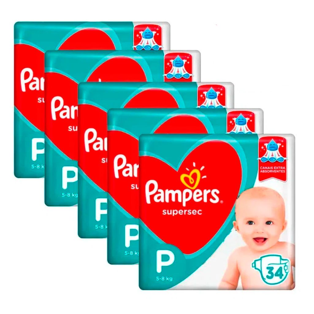 Kit 5 Fraldas Pampers Supersec Pacotão P 170 Unidades