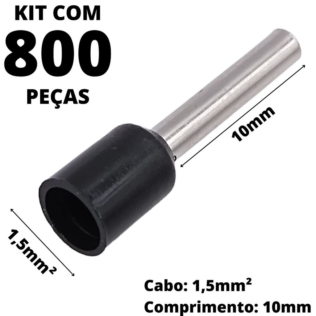 800un Terminal Tubular Ilhós Pré-isolado Simples Para Cabo de 1,5mm² Metal 10mm Preto E1510