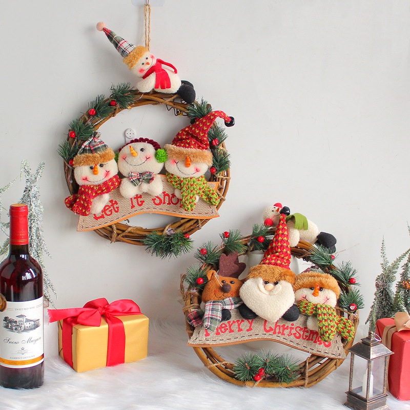 Natal boneco de neve velho rattan guirlanda porta pendurado boneca rattan anel decoração pingente janela decoração perso