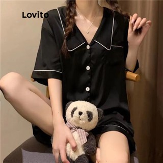 Lovito Casual Pijama Feminino Liso de Manga Curta com Costura Contrastante Bolso e Gola LNA12020 (Preto)