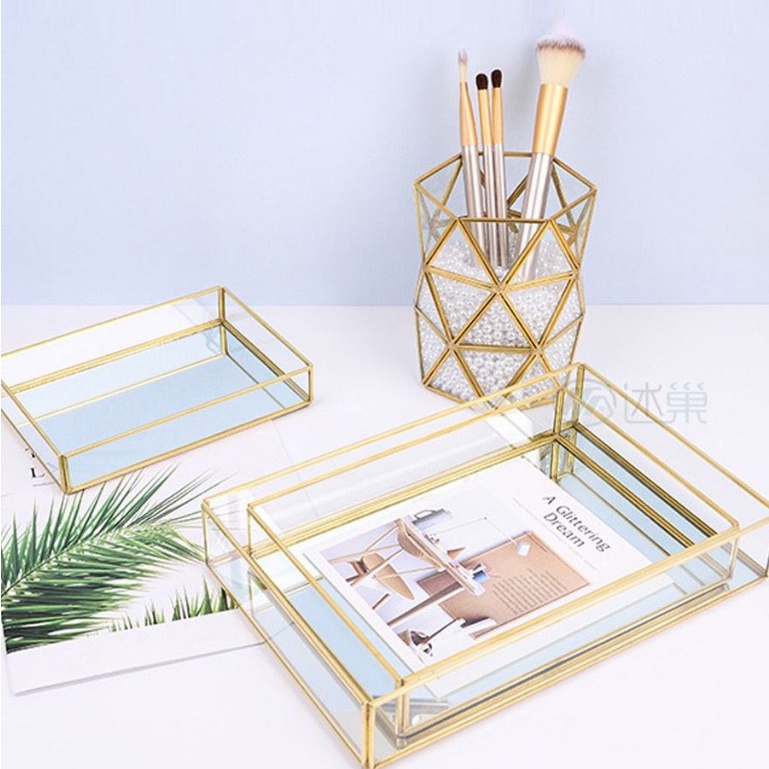Bandeja espelhada retangular para acessórios/perfumes/lavabo/banheiro de vidro dourado boa qualidade e bonito em Oferta na Shopee