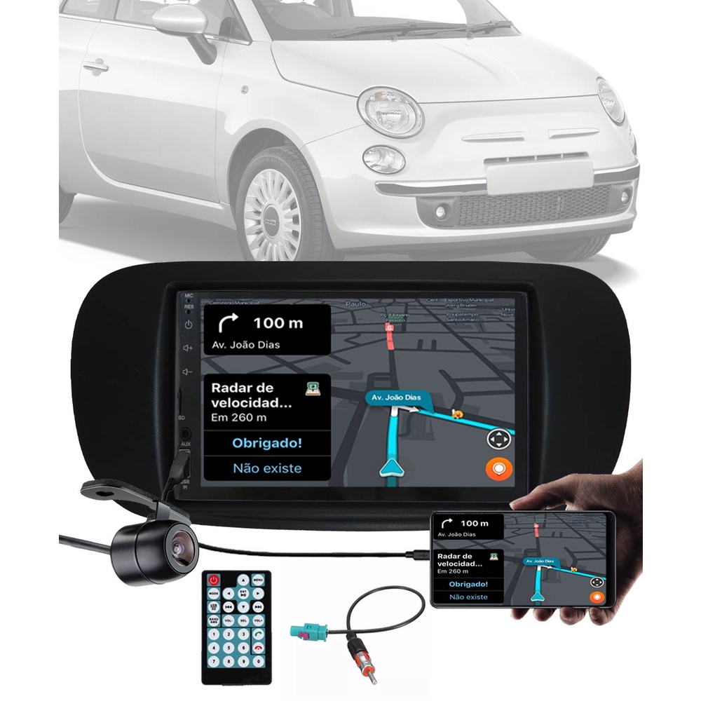 Multimídia 7" Polegadas Fiat 500 2007 até 2019 Espelhamento Bluetooth USB SD Card + Moldura + Chicotes + Câmera Ré