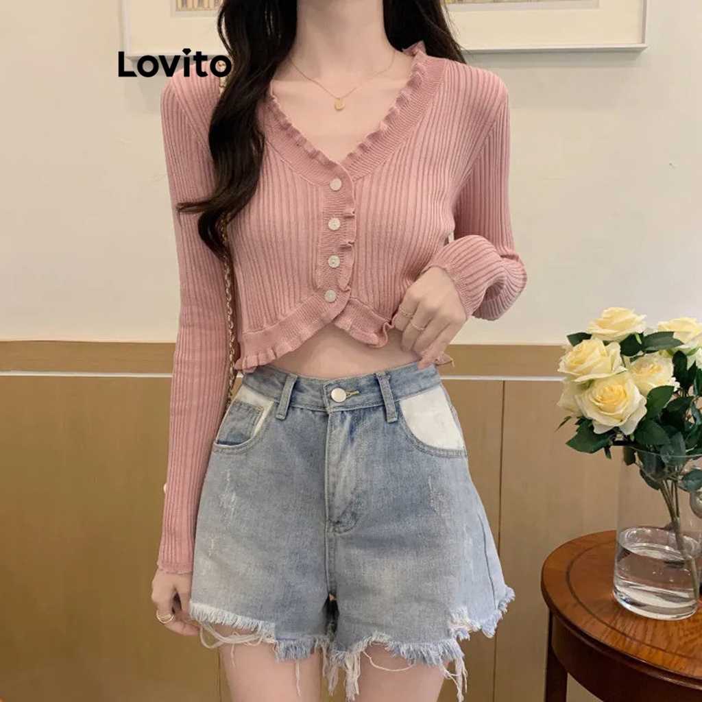 Detalhes do Lovito Suéter Feminino Casual com Babados L67AD064 (Rosa)