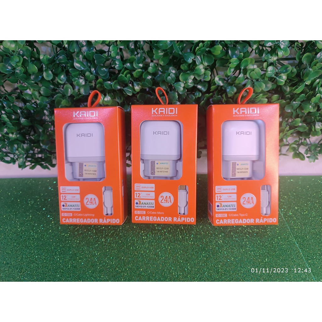 Carregador DUPLO USB 12W CARREGAMENTO RÁPIDO 2.4A Com Cabo V8 (Micro USB)/ Tipo C/ iPhone KAIDI em Oferta na Shopee