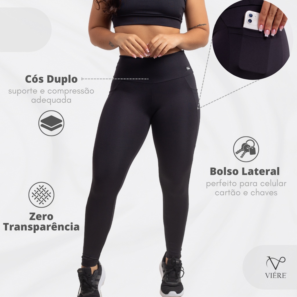 Legging Fitness Feminina Zero Transparência Cintura Alta com Cós Duplo com Bolso Academia - VIÉRE