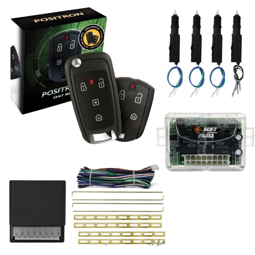 Alarme Positron EX360 Blade + Kit Trava Elétrica Universal 2 ou 4 Portas + Módulo de Vidro AW52 2P