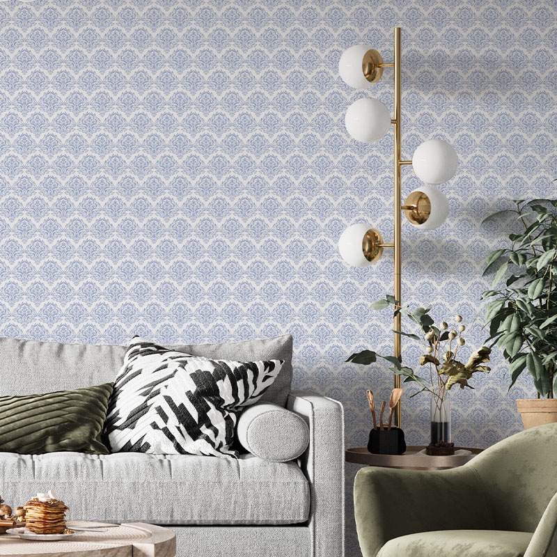 Papel de Parede Adesivo Arabesco Clássico Azul Fundo Branco 2,5m