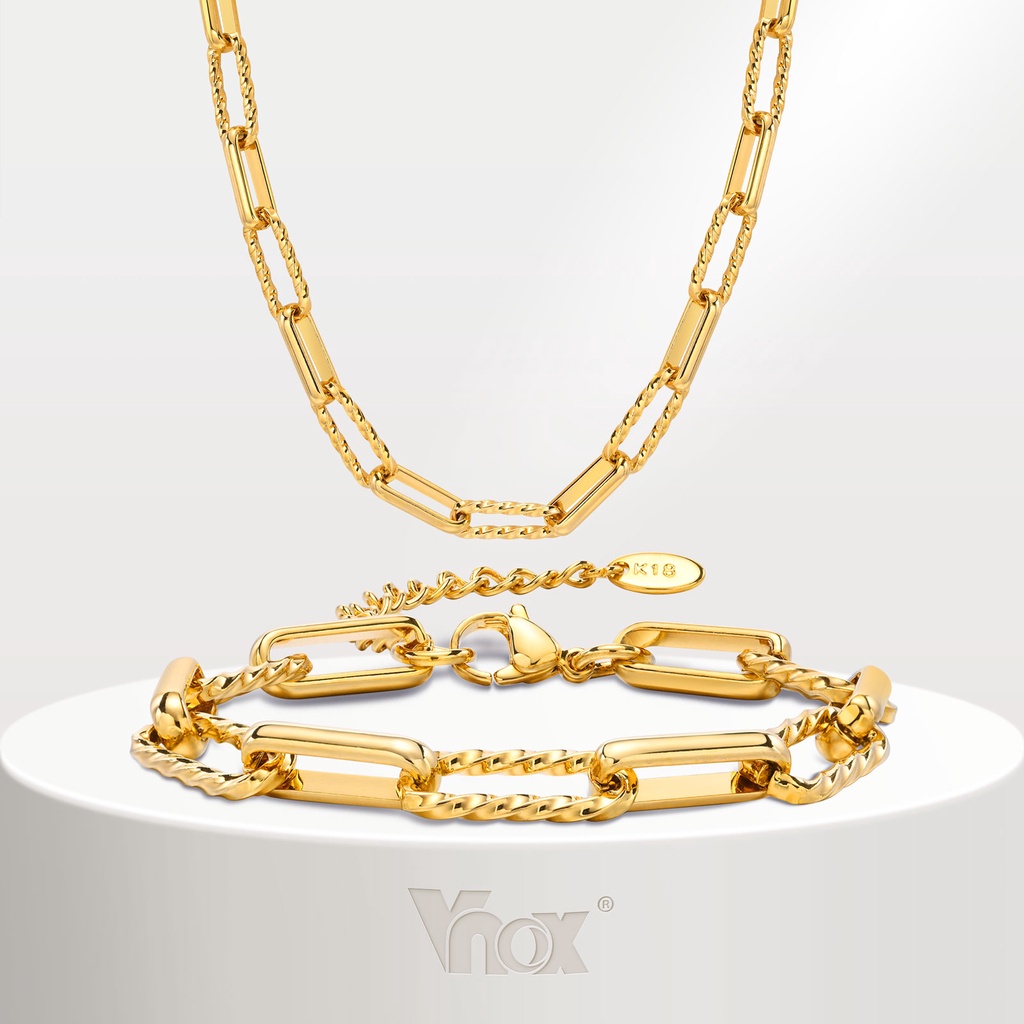 Vnox Colar E Pulseira De Corrente De Clipes De Papel Feitos À Mão , De Aço Inoxidável Ouro 18K Para Mulheres