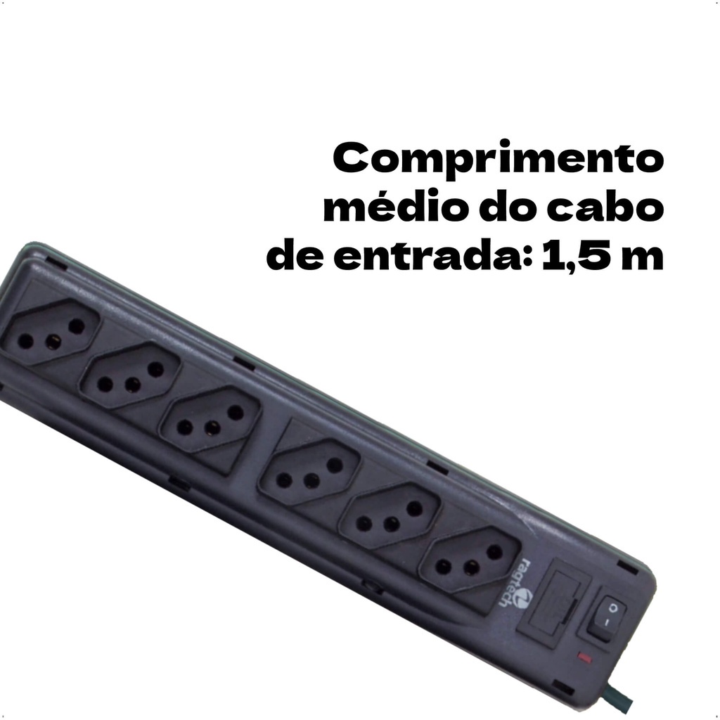 Detalhes do Filtro De Linha Home Com 6 Tomadas NBR Bivolt Entrada/Saída 115-127-220V 50-60hz C/ Cabo De 1,50M Black - Ragtech 2040