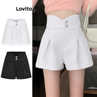 Lovito Elegante Shorts Feminino Liso Assimétrico com Botão L71ED091 (Branco/Preto)
