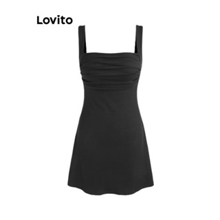 Lovito Casual Liso Vestido Feminino Franzido Simples L62ED141 (Preto)