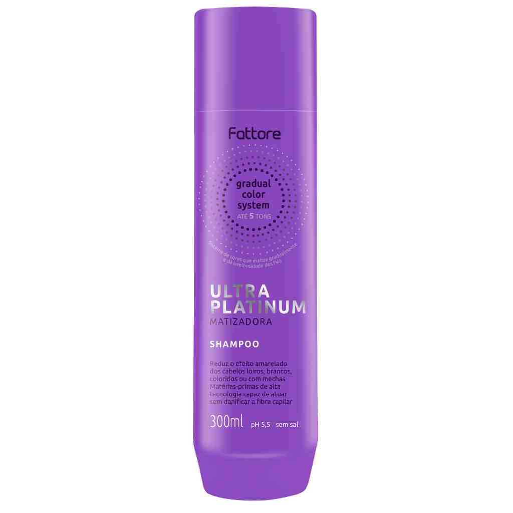 Shampoo Fattore Ultra Platinum Matizadora 300ml Reduz Efeito Amarelado de Cabelos Loiros, Brancos, Coloridos