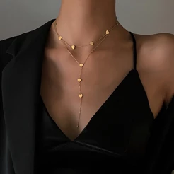 Vnox Colar De Coração Longo De Amor Em Camadas Duplas Para Menina Feminina , Camisola De Aço Inoxidável 18K Gold Presente De Jóias