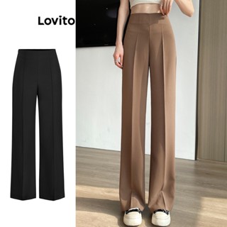 Lovito Casual Calça Feminina Lisa com Pregas L68ED317 (Cáqui/Preto)