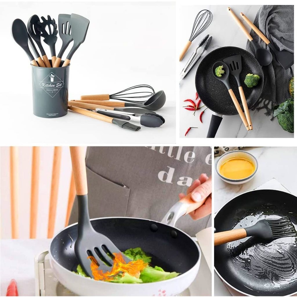 Kit 12 Pecas Talheres Silicone e Bambu Cabo Madeira Utensilios Premium Pegador De Macarrão Decoração