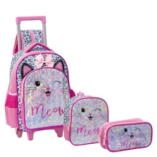Kit Mochila Escolar Rodinha Gatinha Rosa Verde Infantil