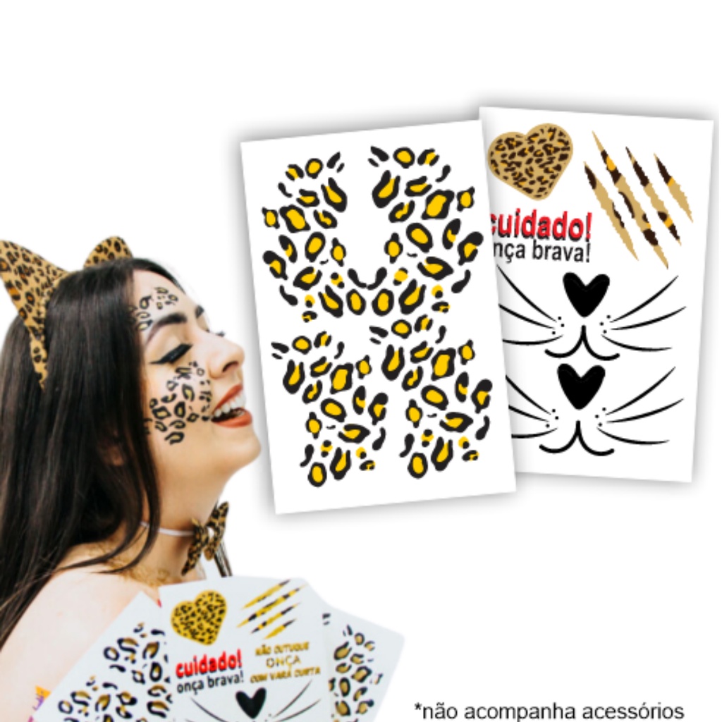 8 Tatuagem Temporária Oncinha Fantasia Cosplay em Oferta na Shopee