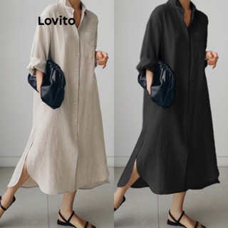 Lovito Elegante Vestido com Botões Frontais e Fenda para Mulheres LNE20158 (Caqui Claro)