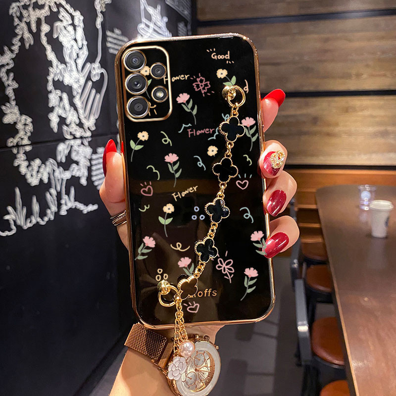 Caixa Samsung Galaxy A52 A72 A32 A23 4G A33 A53 A73 5G A52S Padrão De Flor Pequena Com Pulseira De Quatro Folhas De Trevo À Prova De Choque Capa Protetora De Silicone Para Telefone em Oferta na Shopee