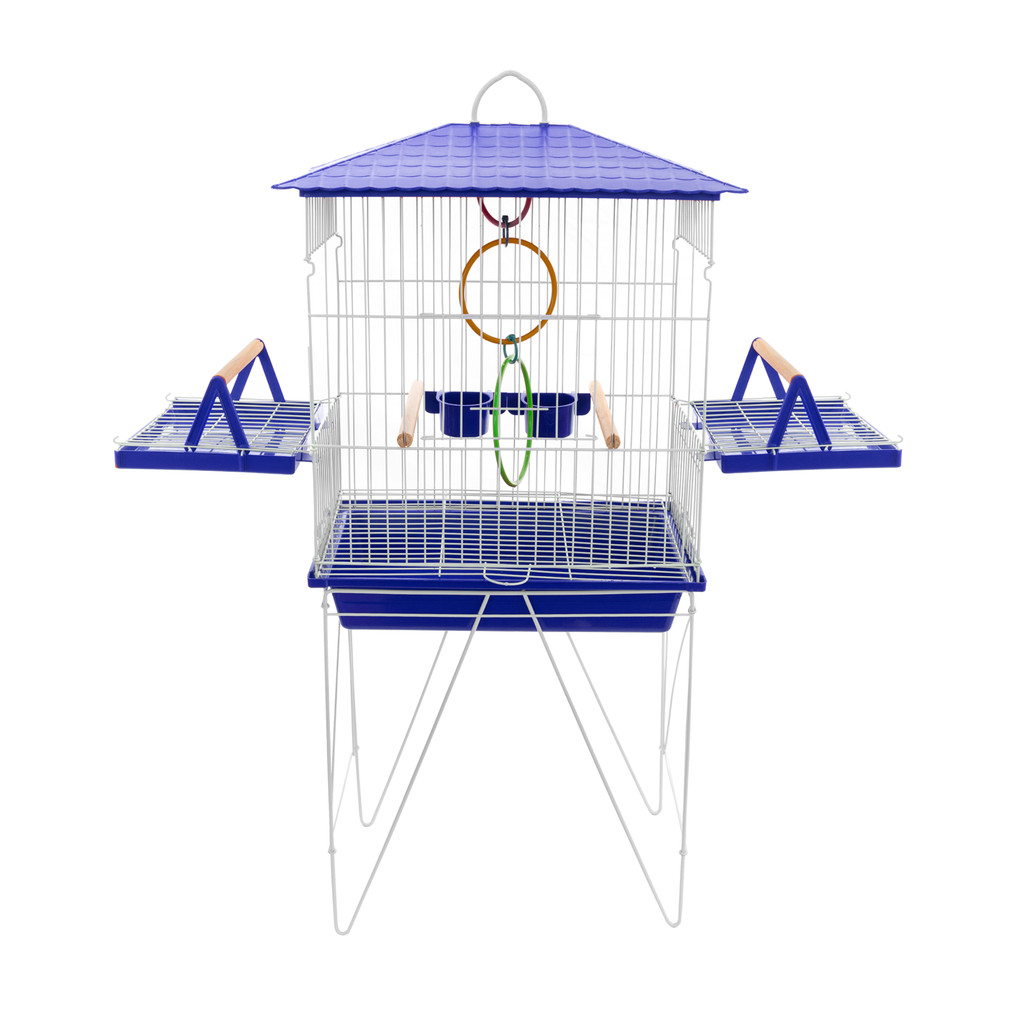 Gaiola Viveiro para calopsita com bandejas laterais + ACESSORIO JOGO DE ARGOLAS COLORIDAS mansa teto plástico Azul - OP