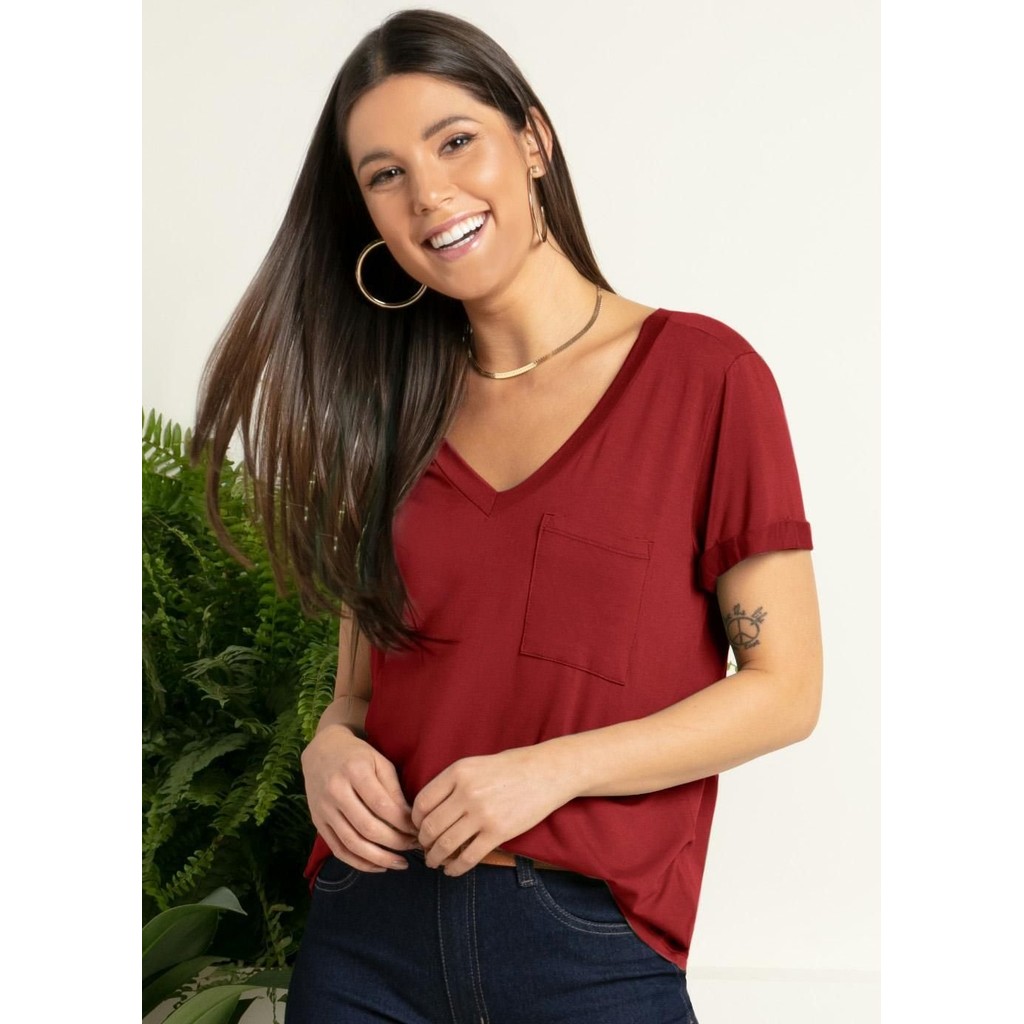Blusa Com Decote V E Bolso Frontal Vermelho Quintess em Oferta na Shopee