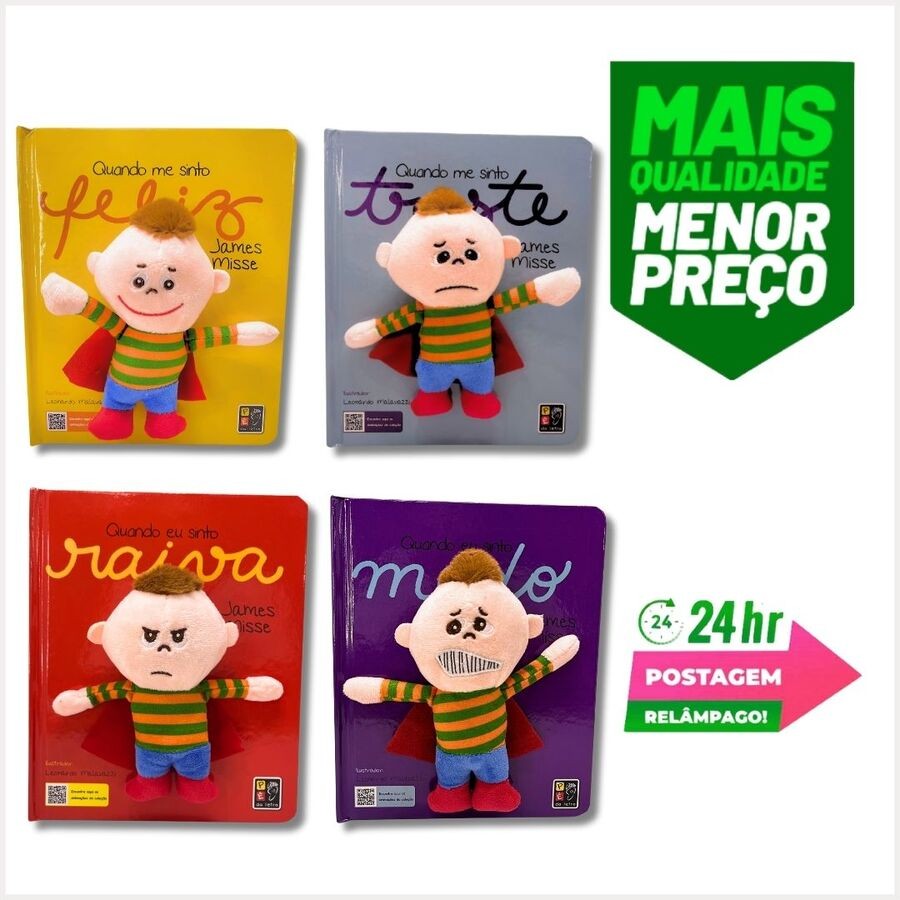 Kit Livros Infantil Sentimentos Emoções Com Pelucia Auto Colante
