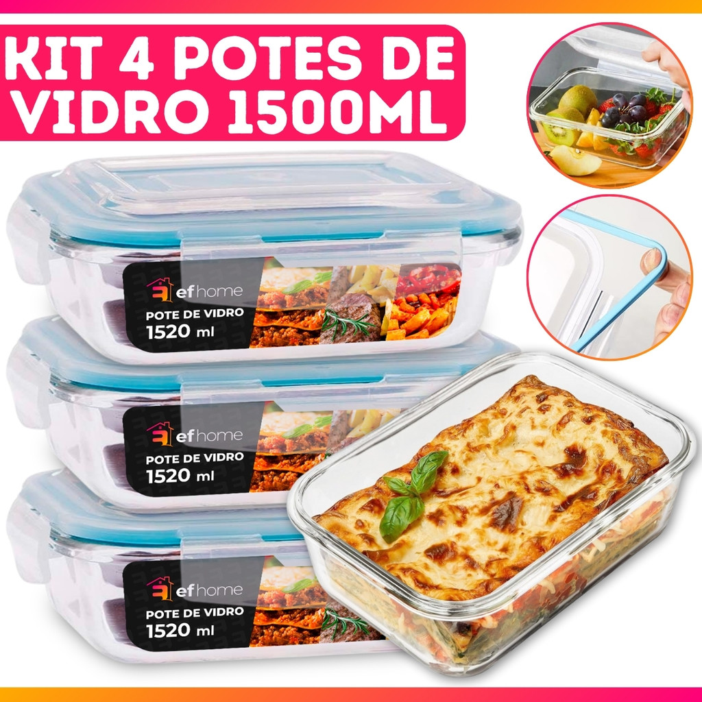 Kit 4 Potes 1520ml De Vidro Com Tampa Hermética e Travas Vai ao Forno/Freezer