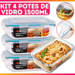 Kit 4 Potes 1520ml De Vidro Com Tampa Hermética e Travas Vai ao Forno/Freezer