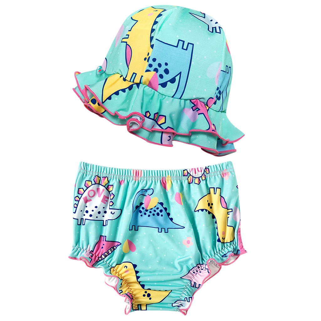 Biquíni Bebê com Chapéu Tip Top Proteção UV 50+ Menina Dinossauras Verde Água Feminino Praia e Piscina