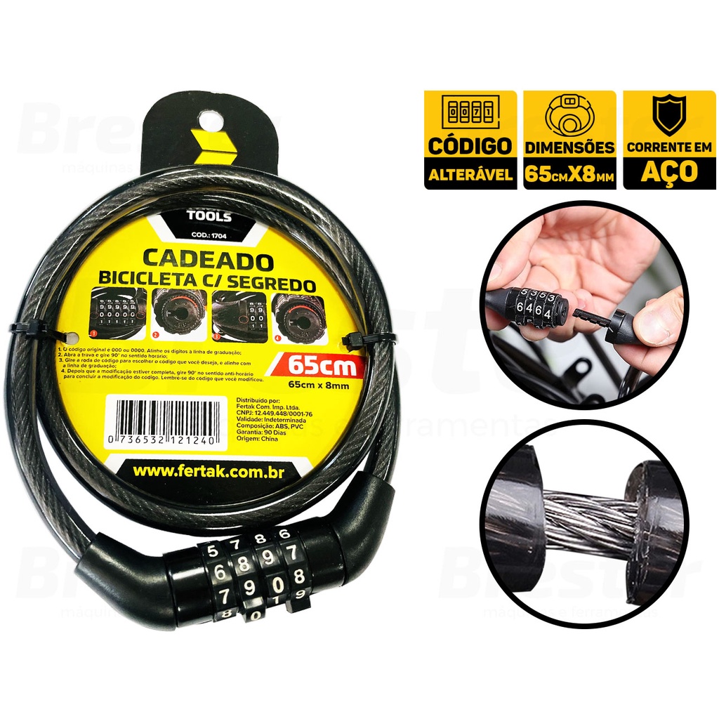 Corrente Cadeado Segurança Bicicleta C/ Senha Segredo 65cm x 8mm Fertak 1704 em Oferta na Shopee