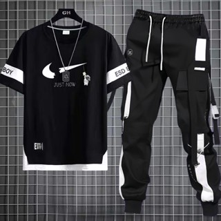 Calça De Carga Masculina Estilo Hip Hop Joggers + Conjunto De Moda Com Camiseta Casual De Manga Curta