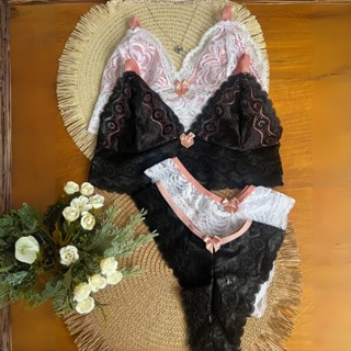 Kit 2 Conjunto Feminino Sem Bojo Renda Luxo Sensual Bicolor Forro Algodão