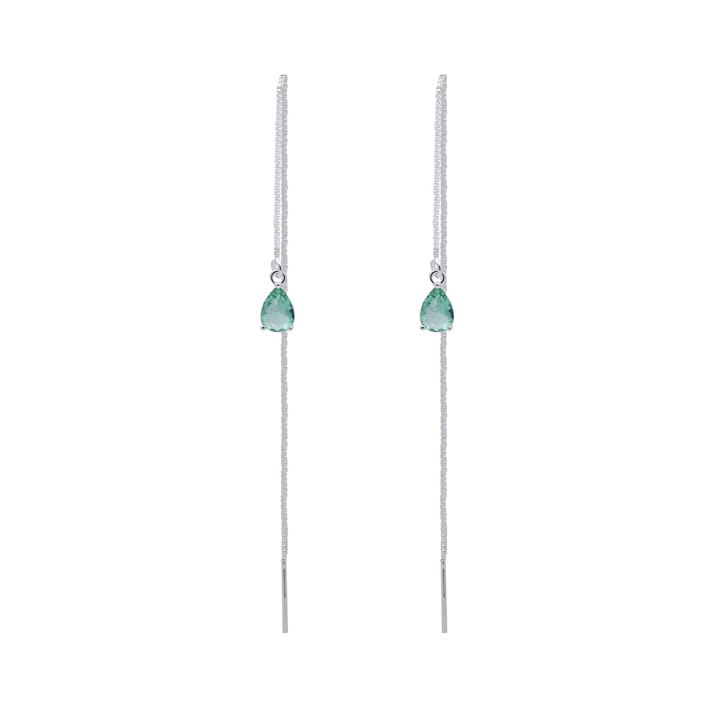 Brinco Fio Passante Longo Pedra Verde Agua Banhado Prata 925 Legitima