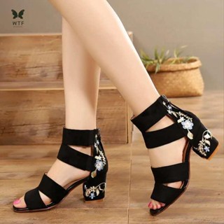 Sandálias De Raiz Feminina 2021 Summer Ethnic Style Bordado De Verão Estilo Étnico De Temperamento De Roda Média Espessa Calcanhar Elegante Retro Aberto