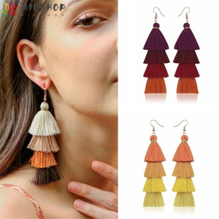 MIOSHOP 1 Par Brincos Long Tassel Femininos Vintage Seda Tecido Gradiente Orelha Boho Multilayer Drop