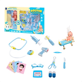 Brinquedo Infantil Kit Médico Azul com Mini Paciente Maca Estetoscópio Acessórios Faz de Conta  - Fenix DRB-836A em Oferta na Shopee