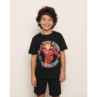 Camiseta Infantil Menino Marvel Homem De Ferro Estampa Frontal Manga Curta Gola Careca Preta