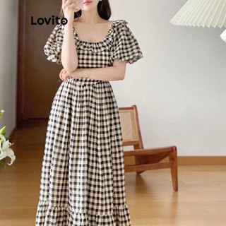 Lovito Casual Vestido Feminino Xadrez de Manga Curta com Bainha de Babados LNA08090 (Branco e Preto)
