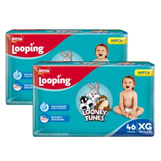 Kit 2 Fralda Baby Looney Tunes Tamanho XG Pacote Hiper 44 Fraldas Descartáveis e Ganhe 6 Fraldas