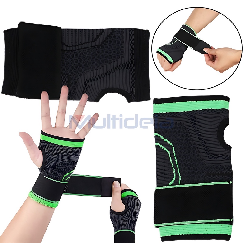 Multideia Munhequeira Esportiva Ajustável Verde ou Preto Com Dedeira Bandagem Elástica Pulseira de Pulso Mão Tensor