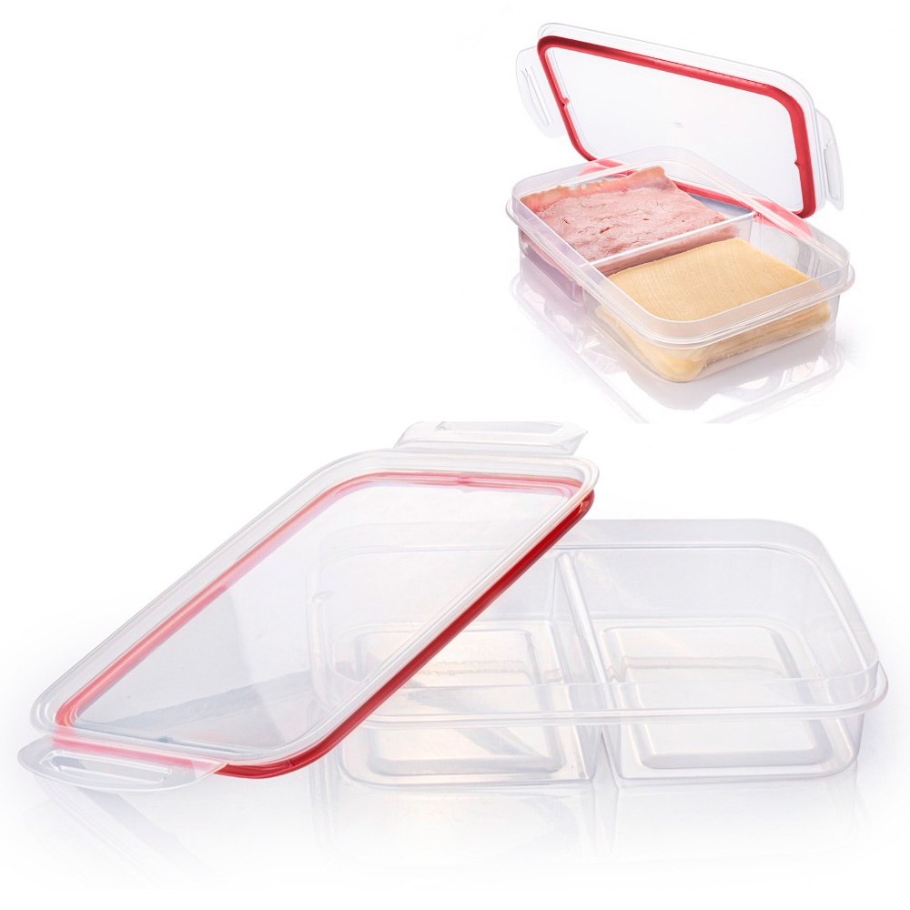 Porta frios hermético para geladeira tampa transparente pote para lanche marmita frutas com 2 divisórias e travas tapuer vermelho microondas Plasútil