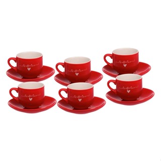 Jogo 12Pçs Xícaras Pires Café Porcelana 90ml Lamour Vermelho
