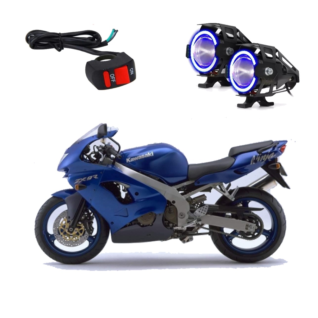 Par Farol de Milha Angel Eye U7 Mini Azul para Moto Kawasaki Ninja ZX 9R 900CC 1994 1995 1996 1997 1998 1999 até 2022